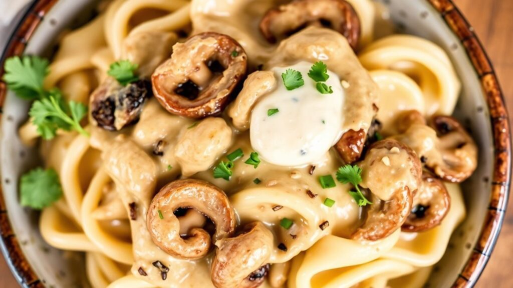 Creamy Vegan Mushroom Stroganoff in creamy sauce with mushrooms, comforting 45-minute vegan comfort meal.