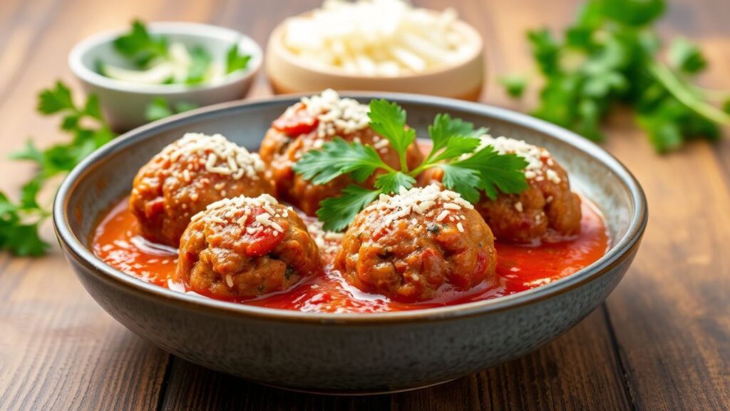 Porcupine meatballs in tomato sauce served with mashed potatoes, noodles, or polenta
