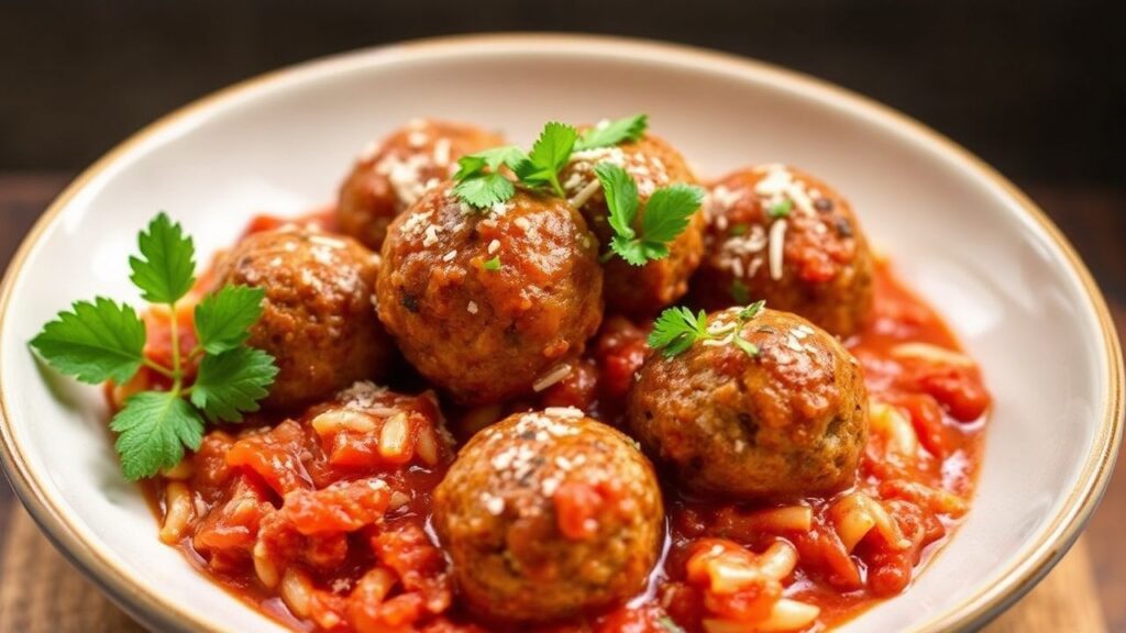 Porcupine meatballs simmered in classic tomato sauce, cozy comfort dinner with rich, savory flavor.
