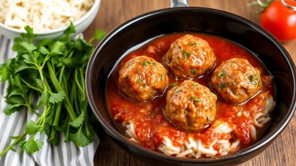 Porcupine meatballs simmered in classic tomato sauce, cozy comfort dinner with rich, savory flavor.