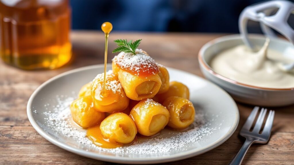 Neapolitan honey-glazed struffoli arranged as golden bites with a glossy honey coating