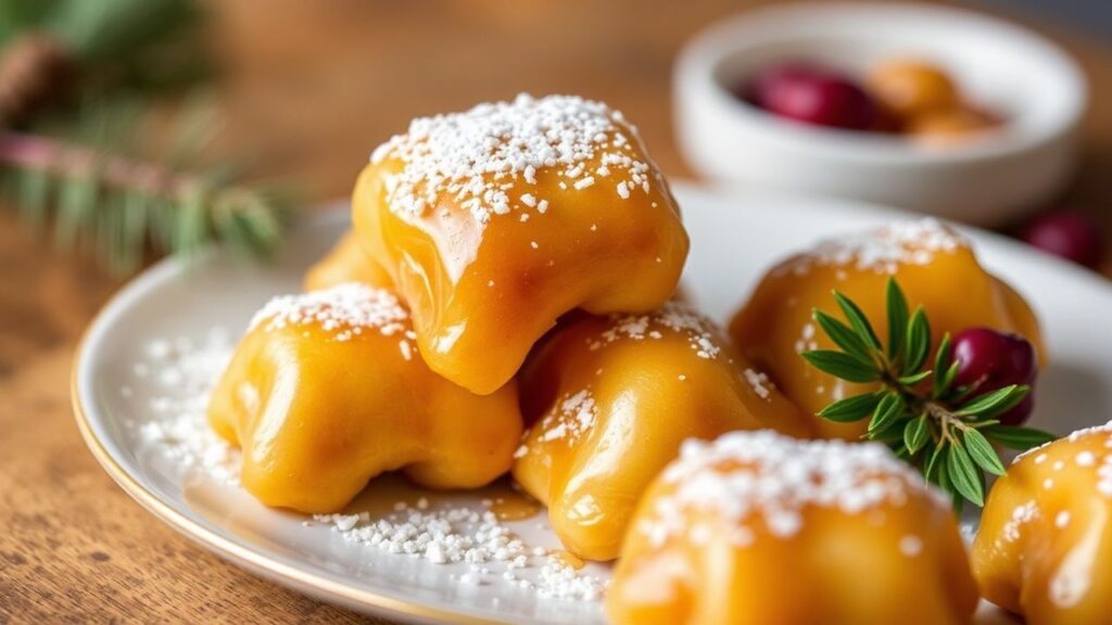 Golden struffoli coated with honey, garnished and ready to serve