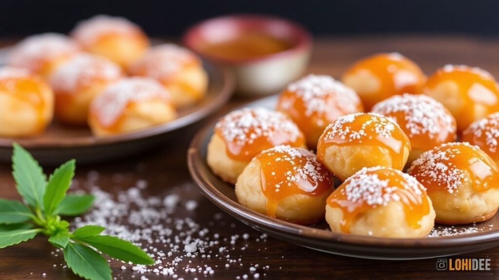 A close-up of honey-glazed struffoli pearls with a glossy finish and colorful garnish