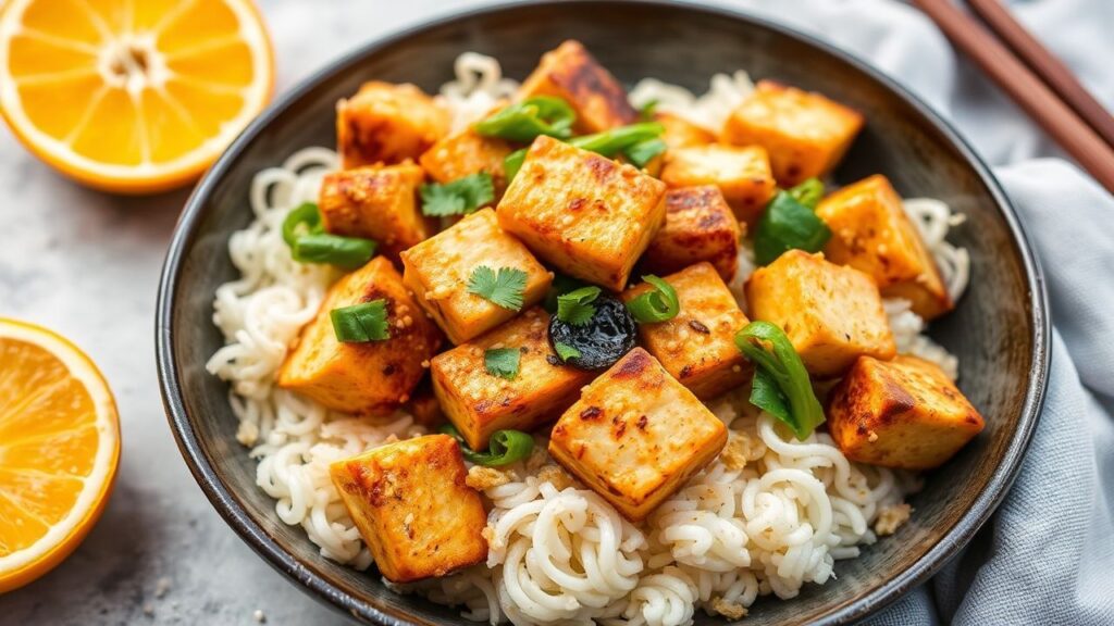 Sesame orange tofu stir-fry in a one-pot skillet with zesty citrus sauce and toasted sesame