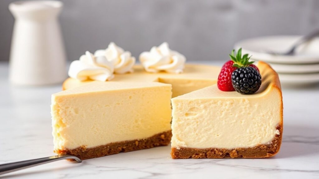 New York-style cheesecake slices with creamy texture and a golden crust.