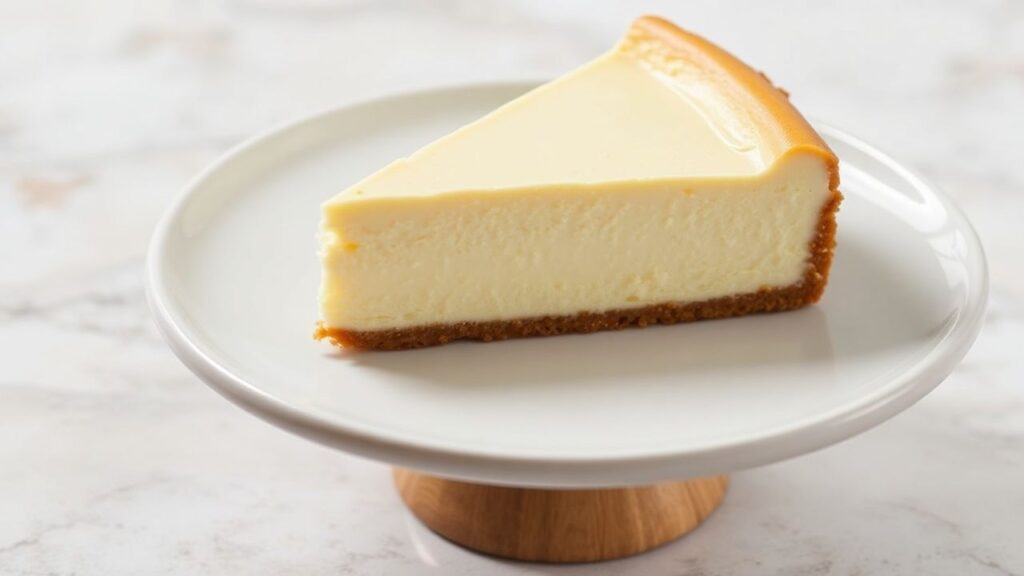 A baked New York-style cheesecake cooling with a smooth surface.