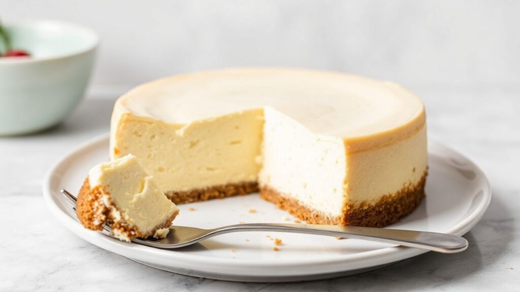 A creamy New York-style cheesecake slice with a golden graham crust.