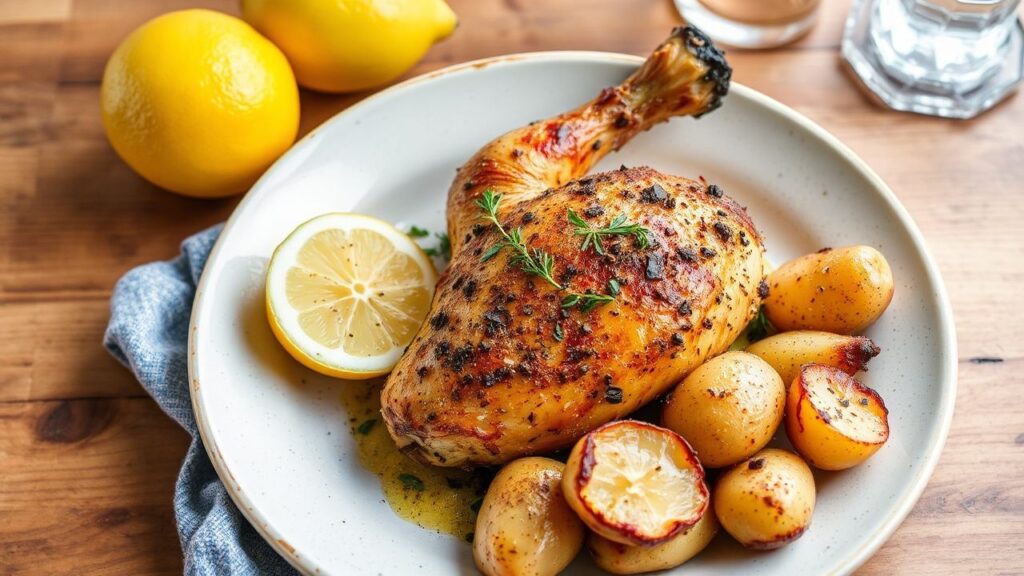 Lemon herb roasted chicken with crispy potatoes, bright citrus aroma and golden crust