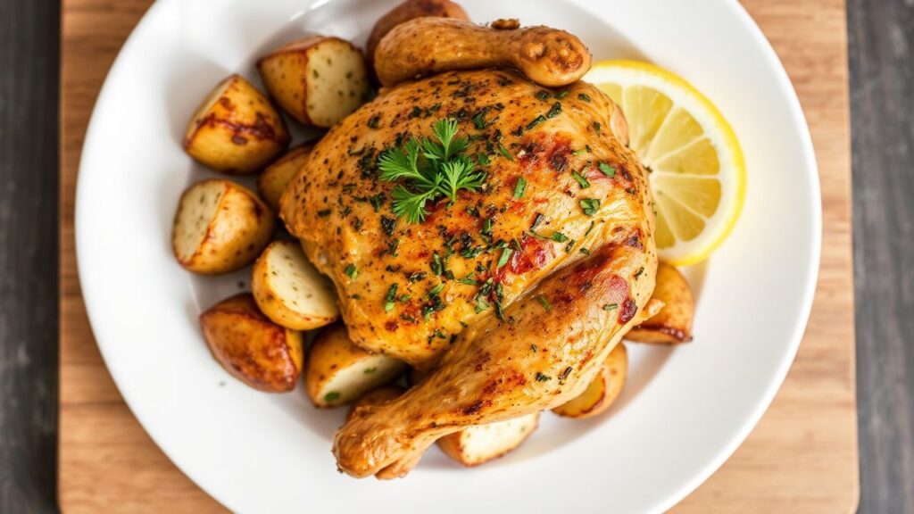 Roasted lemon herb chicken with crispy potatoes, warm herbal aromas