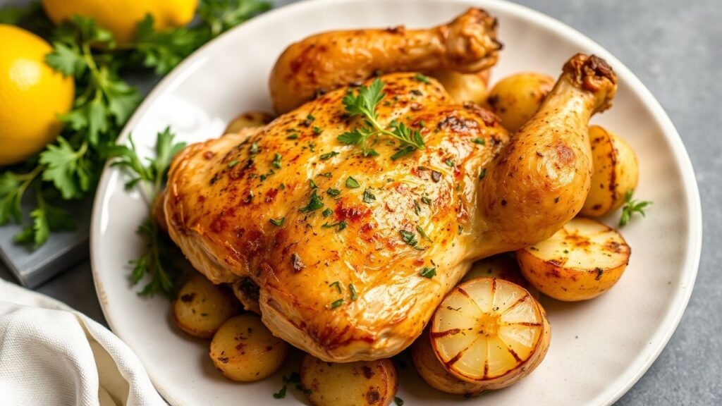Golden roasted chicken and crispy potatoes with lemon garnish