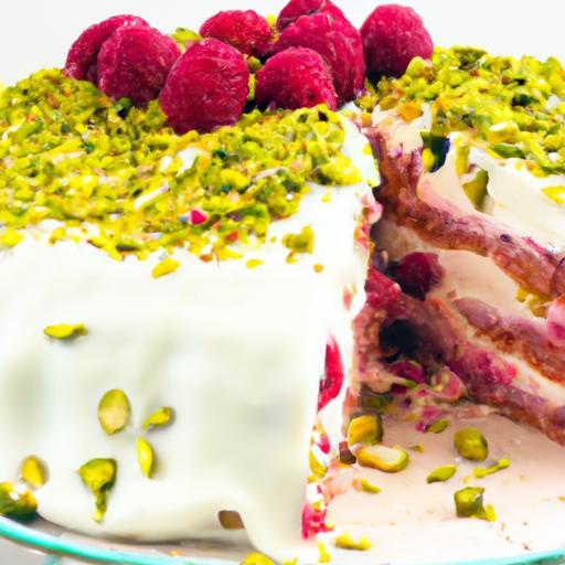 Decadent Pistachio Raspberry Cake with White Chocolate Frosting