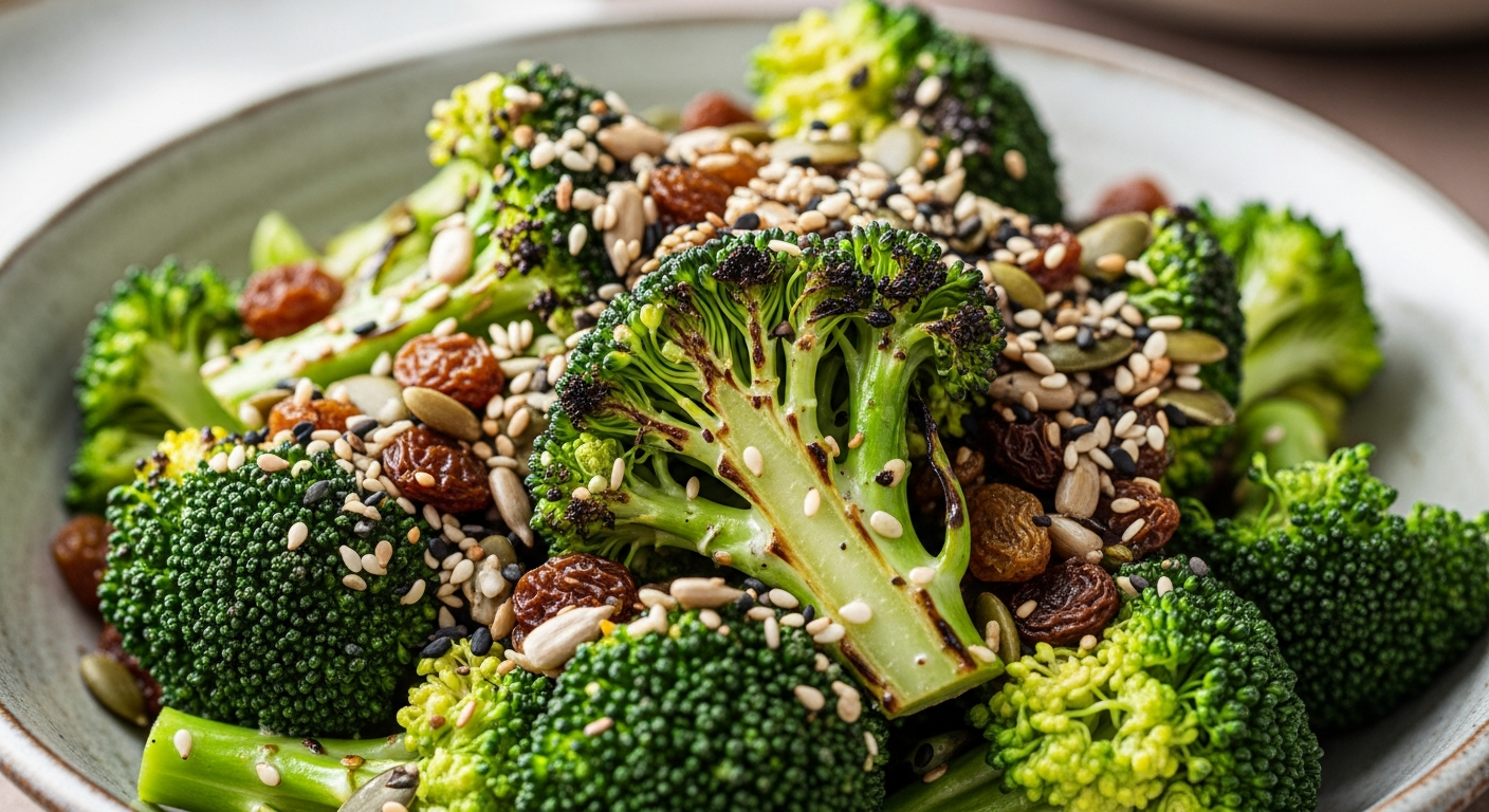 Crunchy Broccoli Salad with Sweet Raisins & Nutty Seeds