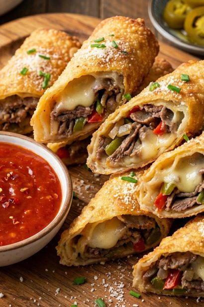 Delicious Cheesesteak Egg Rolls with a Zesty Spicy Ketchup Twist