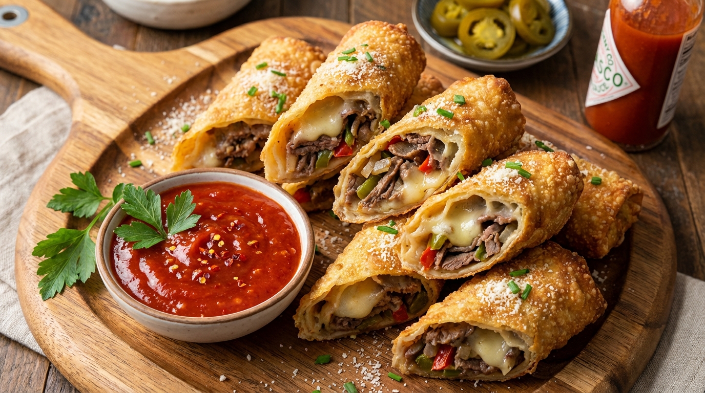 Delicious Cheesesteak Egg Rolls with a Zesty Spicy Ketchup Twist
