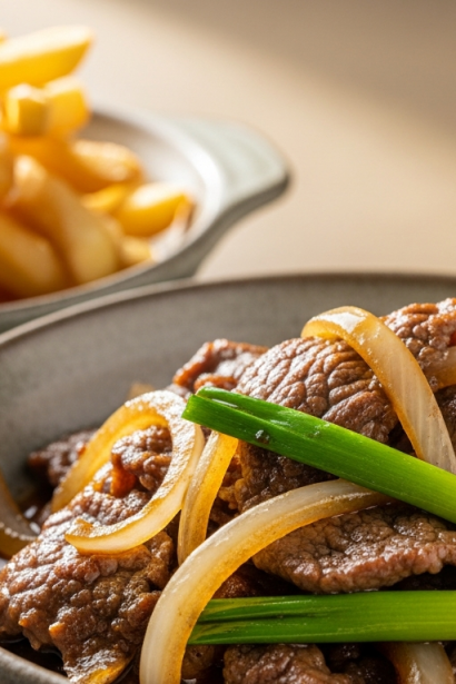 Delicious Classic Beef & Onion Stir-Fry Paired with Crispy Fries