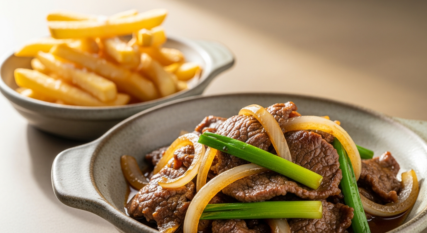 Delicious Classic Beef & Onion Stir-Fry Paired with Crispy Fries