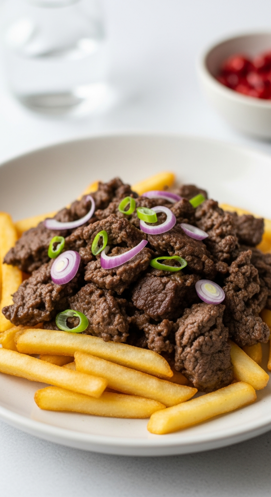 Delicious Classic Beef & Onion Stir-Fry Paired with Crispy Fries