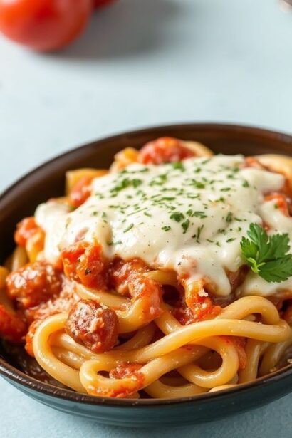 إيزي بيكد زِتي مع جبنة موزاريلا ذائبة تُذوّب السحر، طاجن مخبوز غني بالجبن