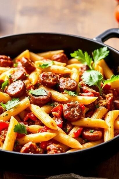 طبق زِيتِي سريع في مقلاة مع نقانق ذابحة ورائحة شهية خلال 20 دقيقة