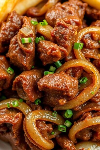 طبق تقليدي من لحم البقر والبصل مع بطاطس مقلية مقرمشة، نكهة غنية.