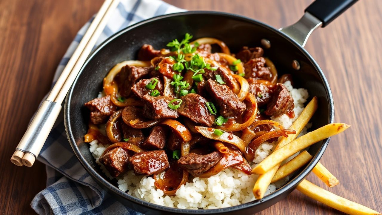 Beef stir-fry with onions, served alongside crispy fries on a skillet table.