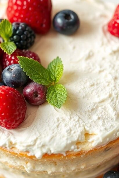 كعكة ملائكية هشة وخفيفة مع كريمة كريمية وتوت طازج، Heavenly Fluffy Angel Food Cake with Fresh Berry Bliss