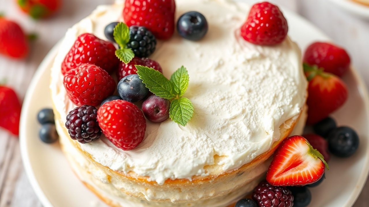 كعكة ملائكية هشة وخفيفة مع كريمة كريمية وتوت طازج، Heavenly Fluffy Angel Food Cake with Fresh Berry Bliss