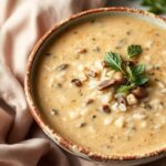 وعاء شوربة فطر وأرز بري كريمية نباتية بقوام مخملي دافئ