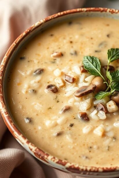 وعاء شوربة فطر وأرز بري كريمية نباتية بقوام مخملي دافئ