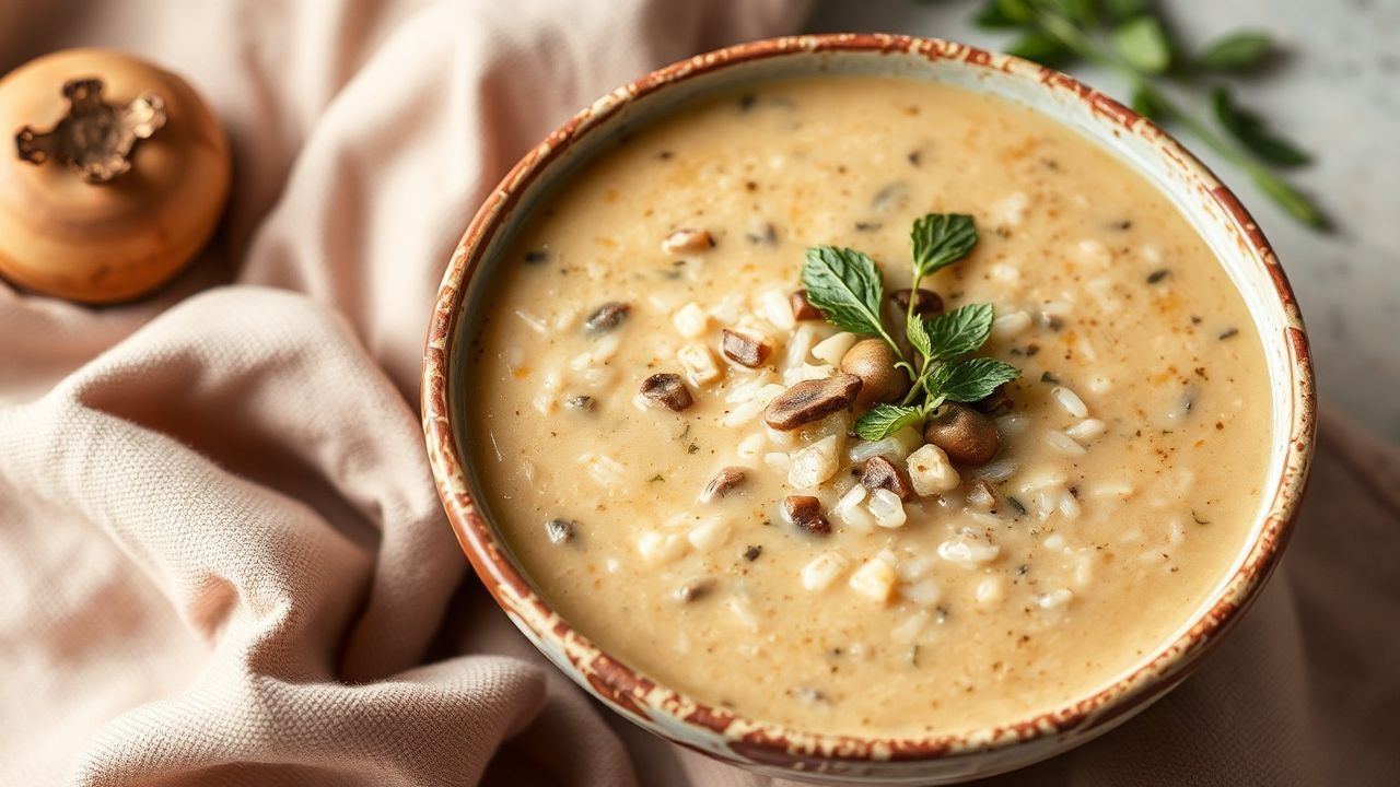 وعاء شوربة فطر وأرز بري كريمية نباتية بقوام مخملي دافئ