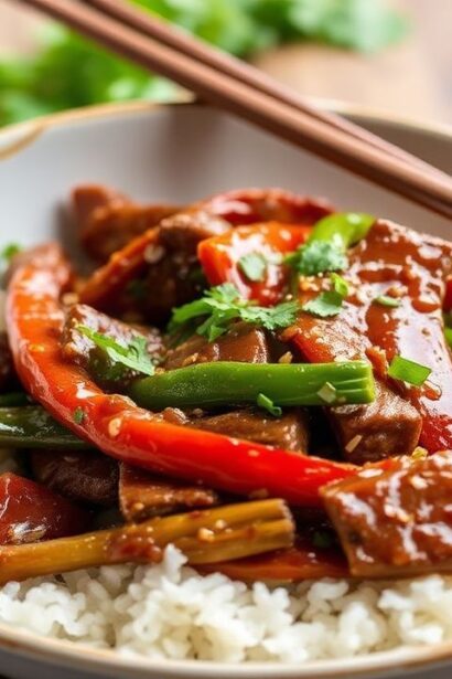 طبق “Decadent 15-Minute Hoisin Beef Pepper Stir-Fry” بلحم بقري بالهويزين وفلفل ملون بسرعة.