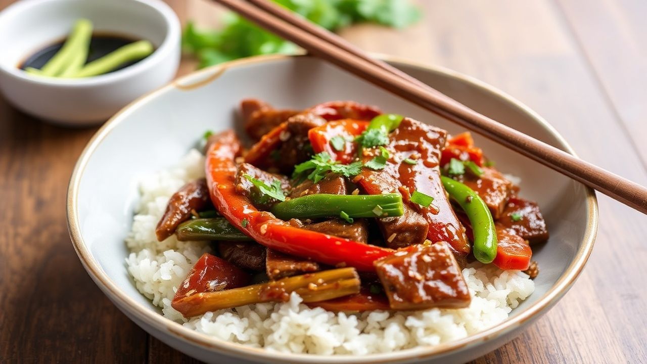 طبق “Decadent 15-Minute Hoisin Beef Pepper Stir-Fry” بلحم بقري بالهويزين وفلفل ملون بسرعة.