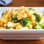 طبق ماك أند تشيز بالقرنبيط مغطى بالجبن الذائب، يوصف كـ “الـ Ultimate Cheesy Broccoli Mac and Cheese Recipe”