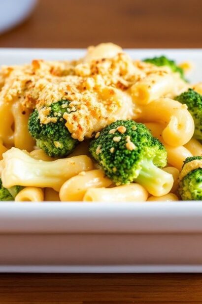 طبق ماك أند تشيز بالقرنبيط مغطى بالجبن الذائب، يوصف كـ “الـ Ultimate Cheesy Broccoli Mac and Cheese Recipe”
