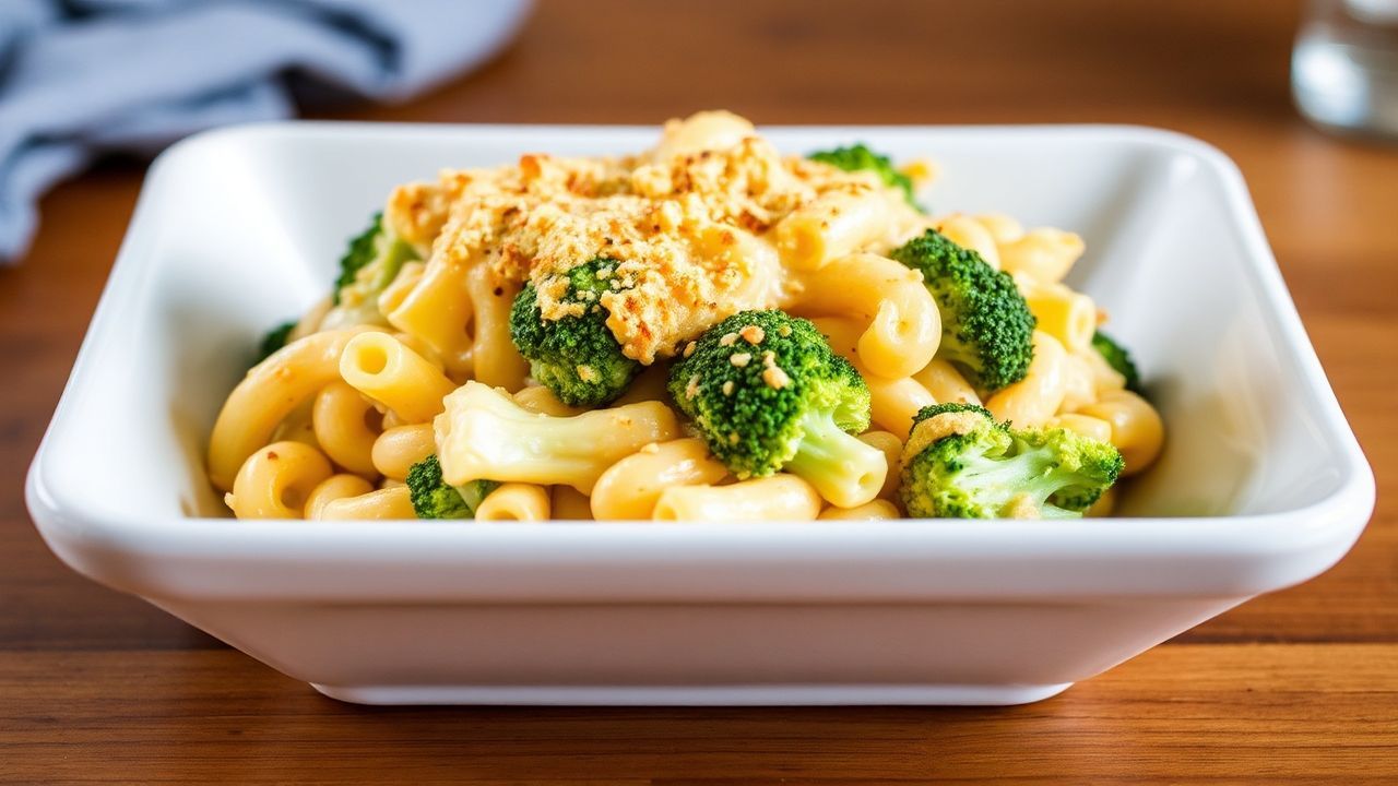 طبق ماك أند تشيز بالقرنبيط مغطى بالجبن الذائب، يوصف كـ “الـ Ultimate Cheesy Broccoli Mac and Cheese Recipe”