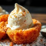 لقطة مقربة لآيس كريم مغمّس في عجينة عميقة القلي مع قشرة مقرمشة تلمع—Crispy Delight