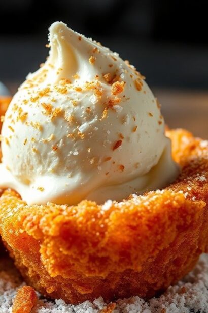 لقطة مقربة لآيس كريم مغمّس في عجينة عميقة القلي مع قشرة مقرمشة تلمع—Crispy Delight