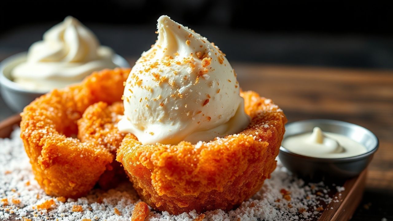 لقطة مقربة لآيس كريم مغمّس في عجينة عميقة القلي مع قشرة مقرمشة تلمع—Crispy Delight