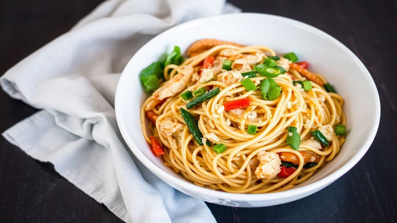 طبق دجاج لو مين سهل ولذيذ مع نودلز مقلية وخضار زاهية، وصفة effortless chicken lo mein