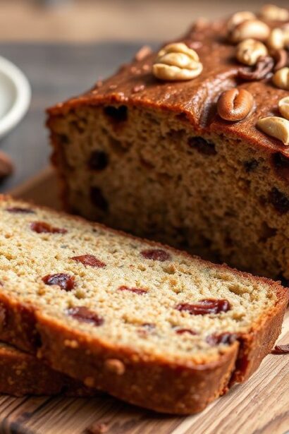 رغيف كعك التمر والتوابل والجوز العطري دافئ ومغزول، لقطة شهية من الداخل، irresistible aromatic spiced date walnut loaf