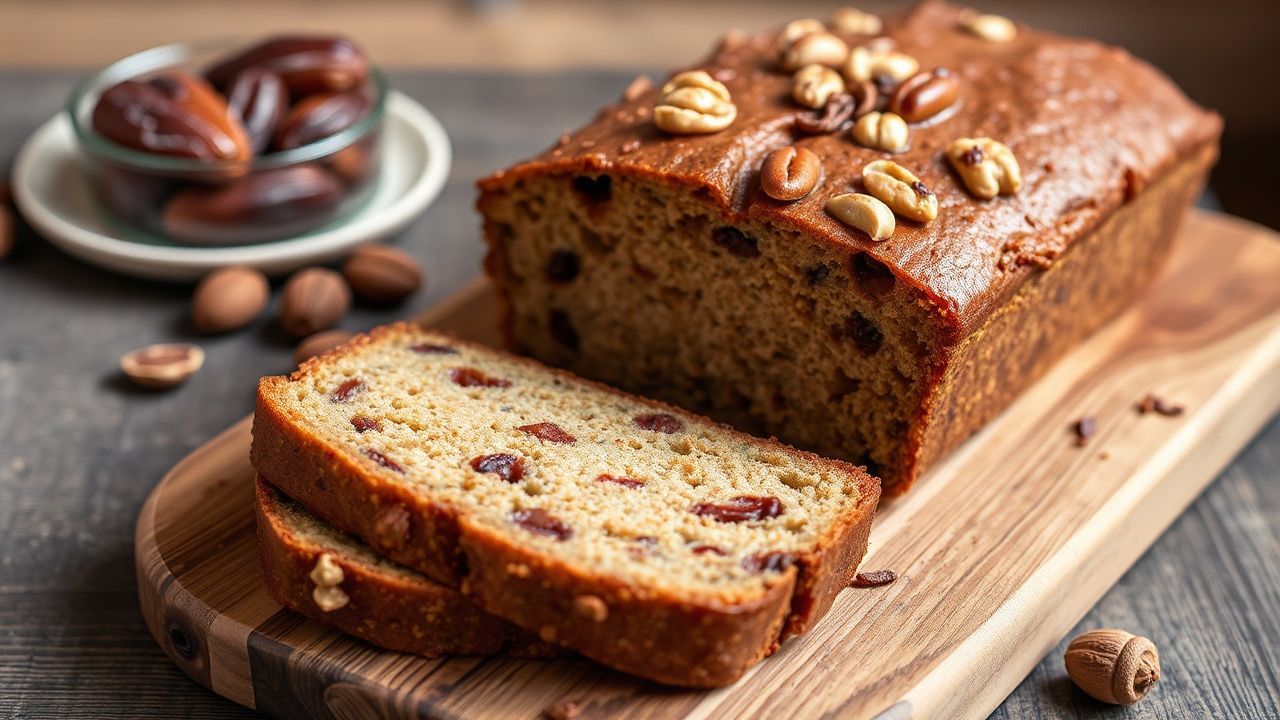 رغيف كعك التمر والتوابل والجوز العطري دافئ ومغزول، لقطة شهية من الداخل، irresistible aromatic spiced date walnut loaf