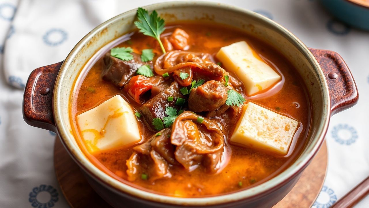شوربة كيمتشي بييف وتوفو كورية شهية وغنية، طبق تقليدي دافئ وملّون.