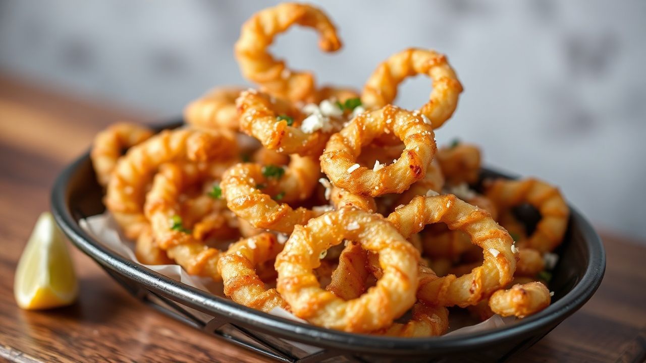 قالب مقرمش من حلقات الكالاماري المقلية، “Crunchy Delight” بنكهة ذهبية تجمع بين الفن والعلم.