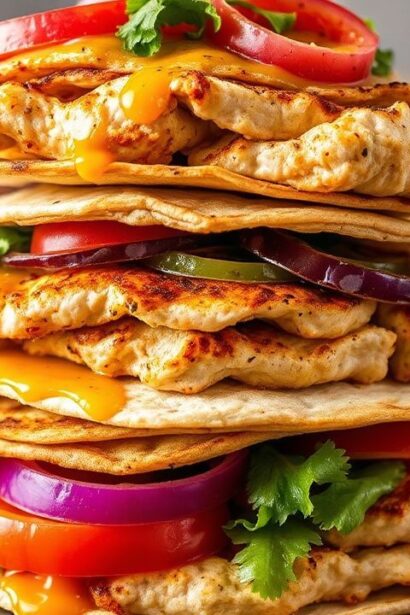 صورة دجاج شاورما مخبوزة بشكل برجٍ متراص، بنكهةٍ سهلة ولذيذة لعنوان “Easy Baked Chicken Shawarma Tower Recipe”.
