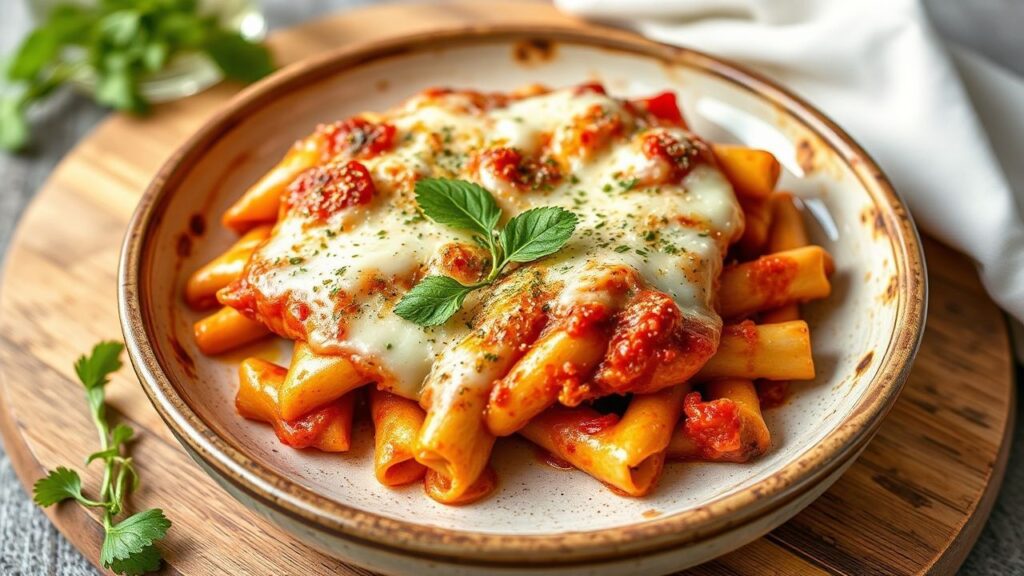Baked ziti with melted mozzarella for a cheesy comfort casserole.