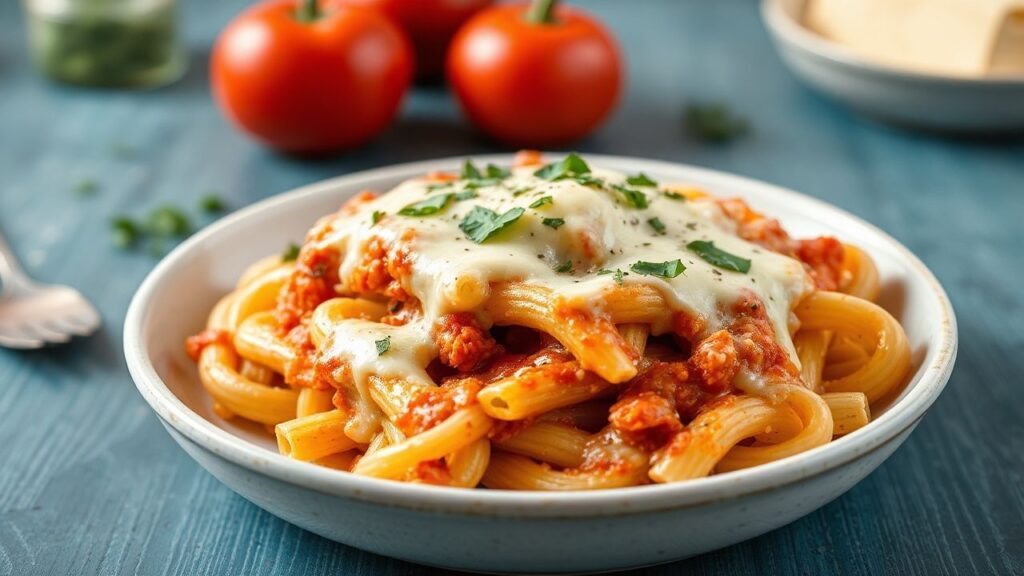 Baked ziti casserole ready to serve with mozzarella melted on top.