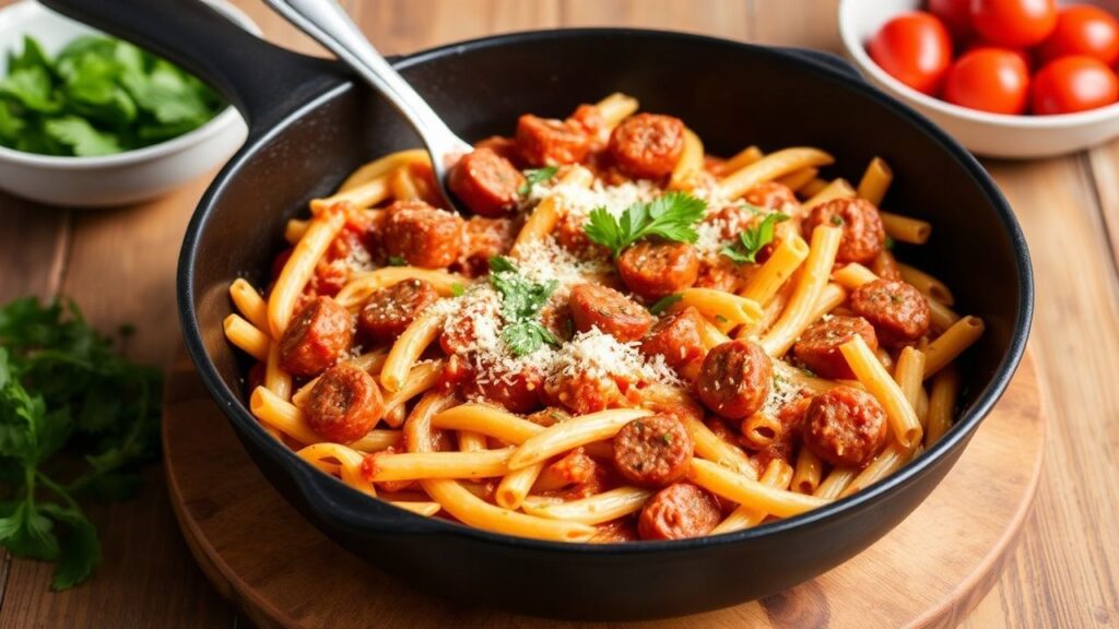 Skillet ziti with sausage and creamy sauce