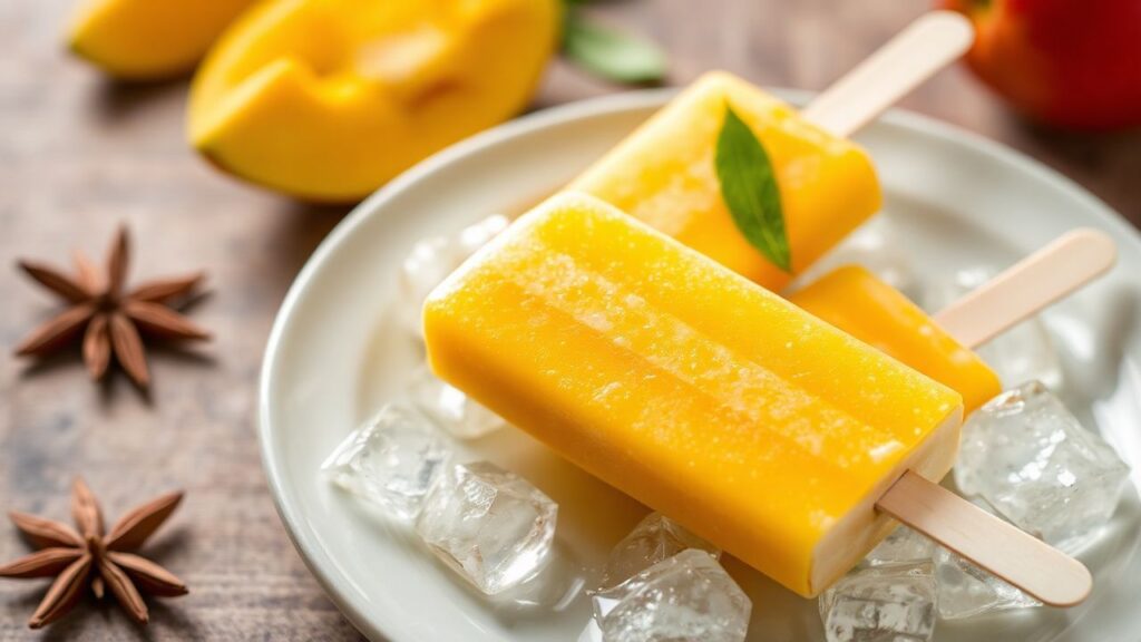 Mango lassi popsicles: creamy mango yogurt pops, a cool summer treat.