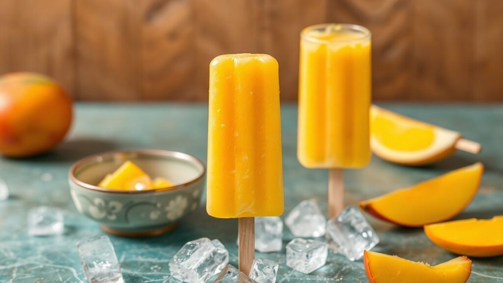Mango lassi popsicles with creamy mango yogurt texture.