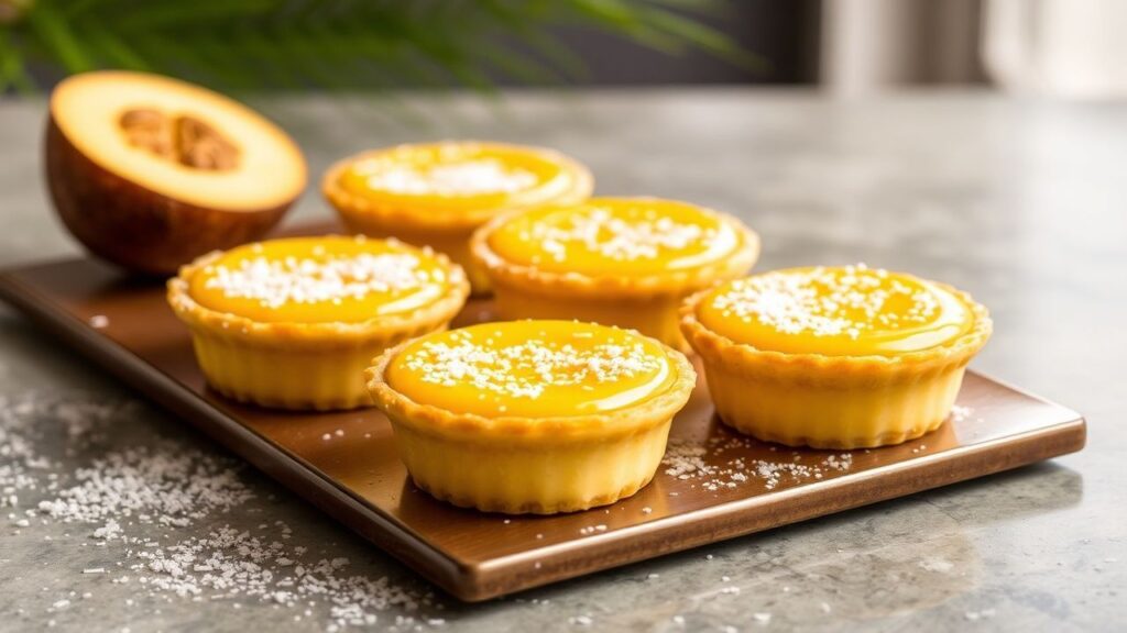 Serving quindim on a plate with glossy golden custard dome